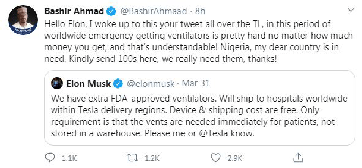 Twitter Followers Berate Fg For Begging Elon Musk For Ventilators