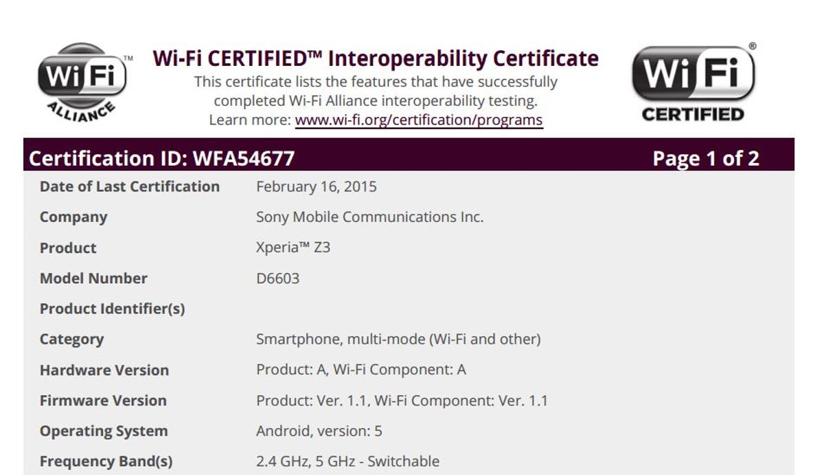 Android 5.0 Lollipop for Xperia Z3 certified by Wi-Fi Alliance